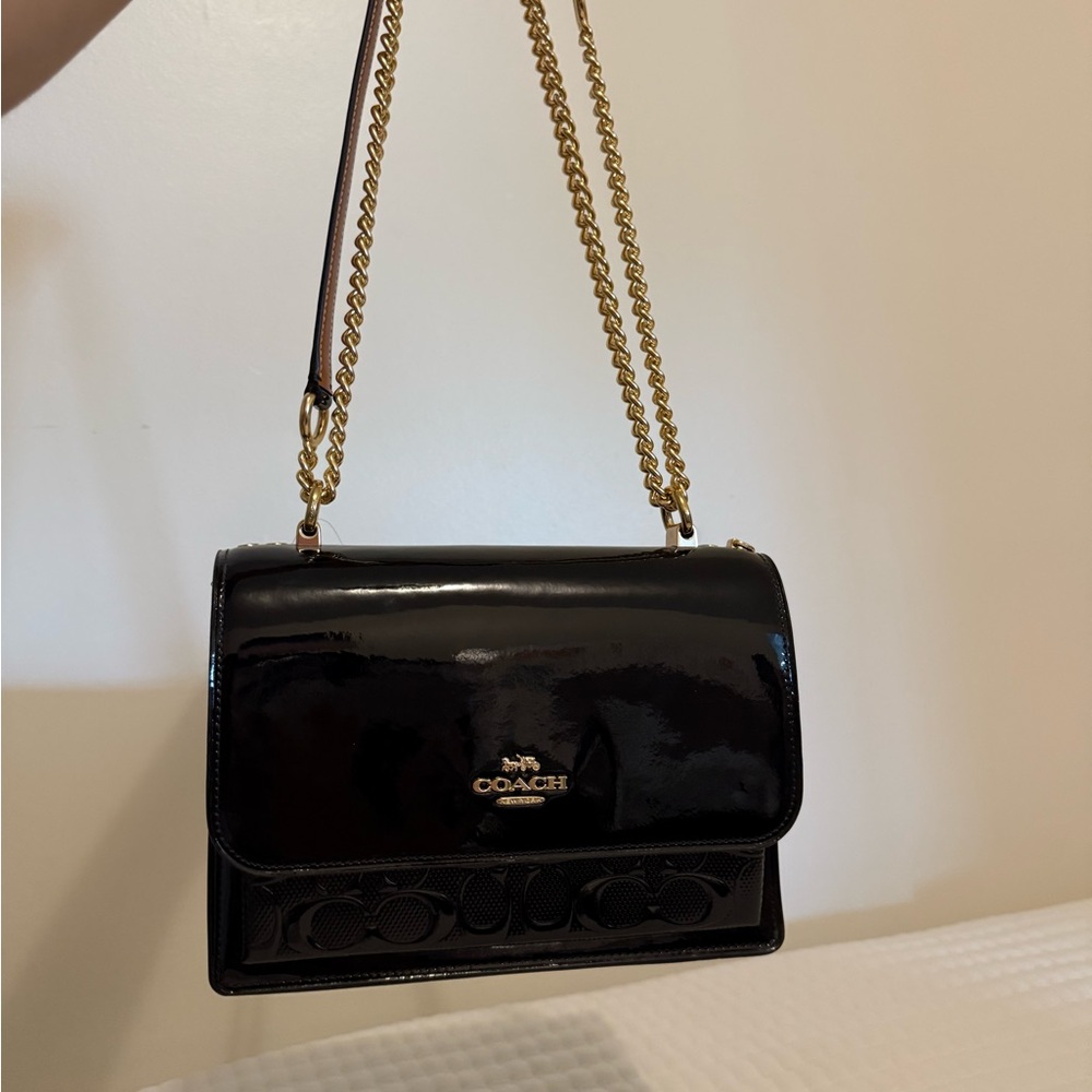Coach Glossy Black Shoulder Bag with Gold Chain